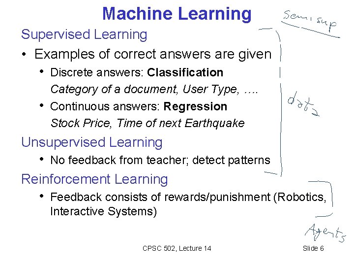 Machine Learning Supervised Learning • Examples of correct answers are given • Discrete answers: