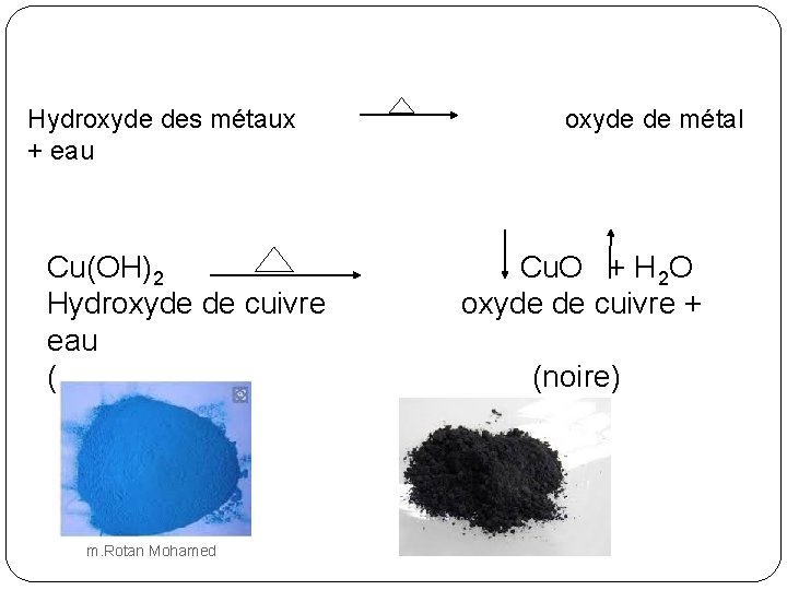 Hydroxyde des métaux + eau Cu(OH)2 Hydroxyde de cuivre eau (bleue) m. Rotan Mohamed
