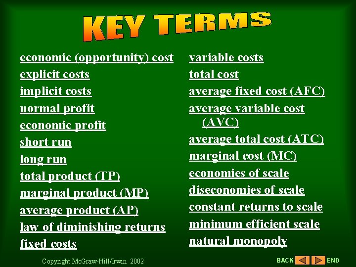 economic (opportunity) cost explicit costs implicit costs normal profit economic profit short run long