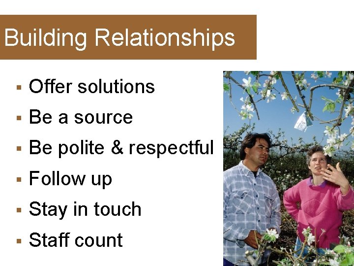 Building Relationships § Offer solutions § Be a source § Be polite & respectful