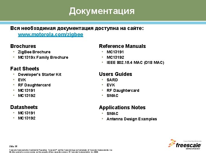 Документация Вся необходимая документация доступна на сайте: www. motorola. com/zigbee Brochures • Zig. Bee