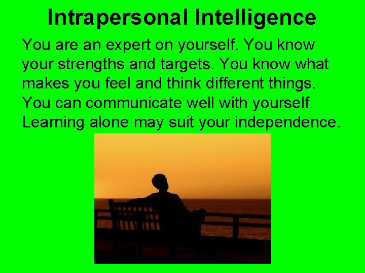 Intrapersonal Intelligence You are an expert on yourself. You know your strengths and targets.