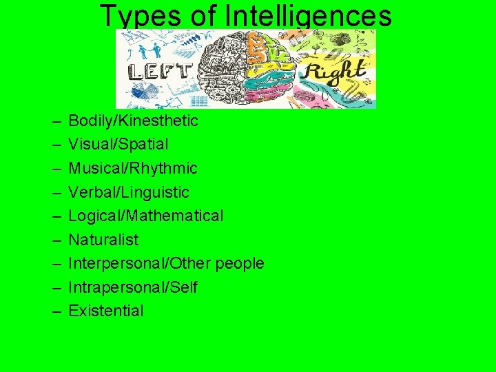 Types of Intelligences – – – – – Bodily/Kinesthetic Visual/Spatial Musical/Rhythmic Verbal/Linguistic Logical/Mathematical Naturalist