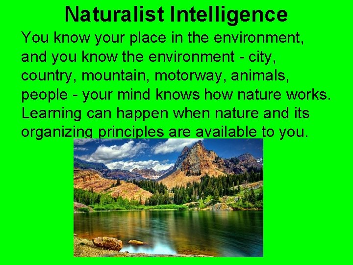 Naturalist Intelligence You know your place in the environment, and you know the environment