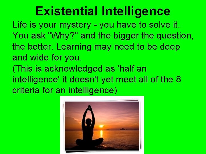 Existential Intelligence Life is your mystery - you have to solve it. You ask