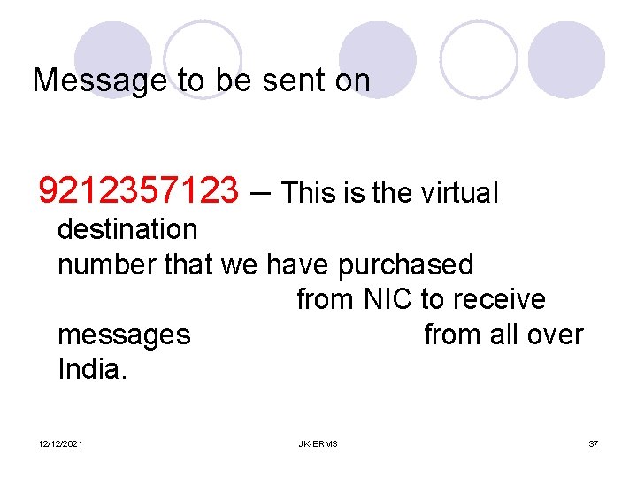 Message to be sent on 9212357123 – This is the virtual destination number that