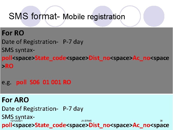 SMS format- Mobile registration For RO Date of Registration- P-7 day SMS syntaxpoll<space>State_code<space>Dist_no<space>Ac_no<space >RO