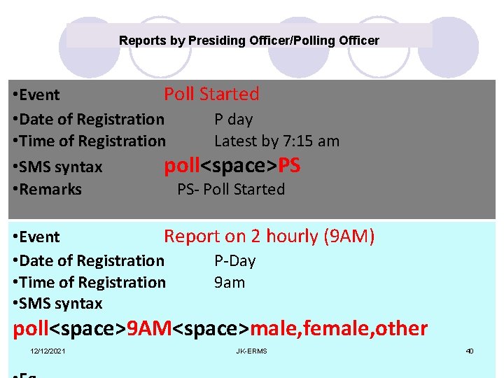 Reports by Presiding Officer/Polling Officer • Event Poll Started • Date of Registration P
