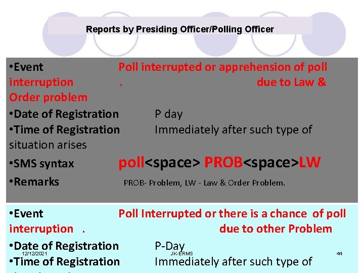 Reports by Presiding Officer/Polling Officer • Event Poll interrupted or apprehension of poll interruption.