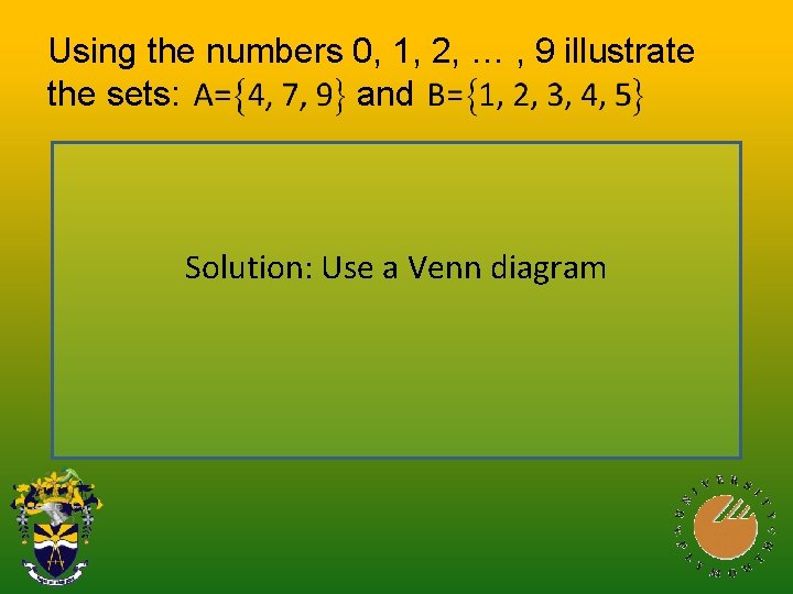 Using the numbers 0, 1, 2, … , 9 illustrate the sets: and Solution: