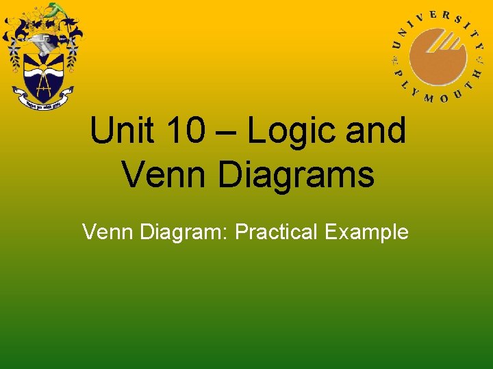 Unit 10 – Logic and Venn Diagrams Venn Diagram: Practical Example 