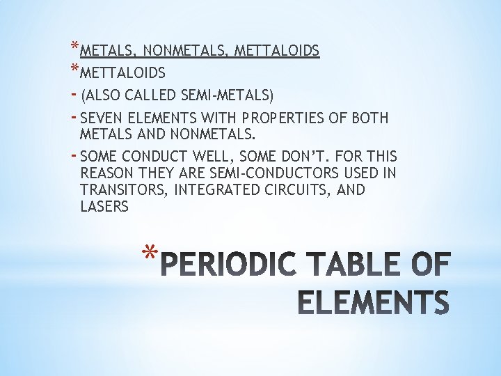 *METALS, NONMETALS, METTALOIDS *METTALOIDS - (ALSO CALLED SEMI-METALS) - SEVEN ELEMENTS WITH PROPERTIES OF