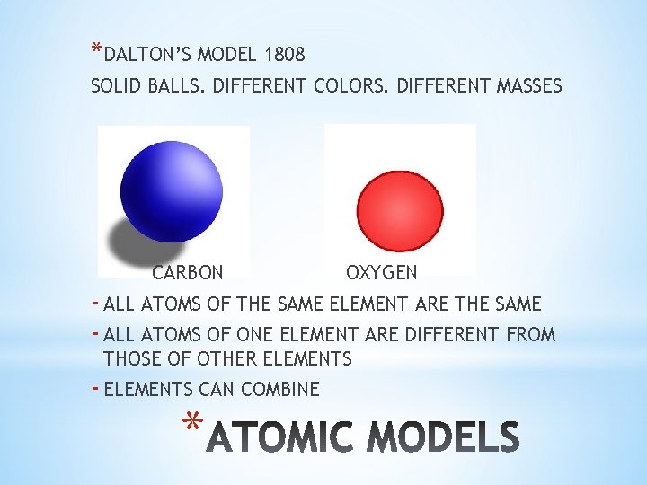 *DALTON’S MODEL 1808 SOLID BALLS. DIFFERENT COLORS. DIFFERENT MASSES CARBON OXYGEN - ALL ATOMS