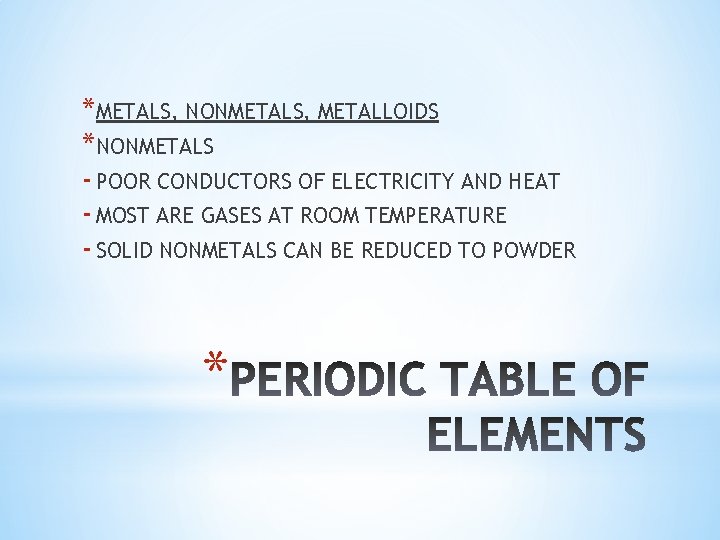 *METALS, NONMETALS, METALLOIDS *NONMETALS - POOR CONDUCTORS OF ELECTRICITY AND HEAT - MOST ARE