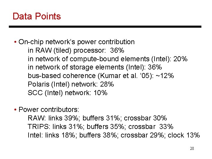 Data Points • On-chip network’s power contribution in RAW (tiled) processor: 36% in network