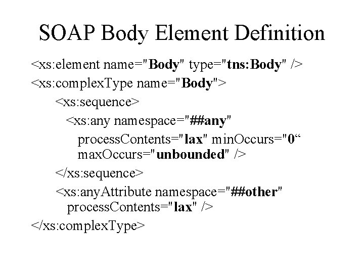 SOAP Body Element Definition <xs: element name="Body" type="tns: Body" /> <xs: complex. Type name="Body">