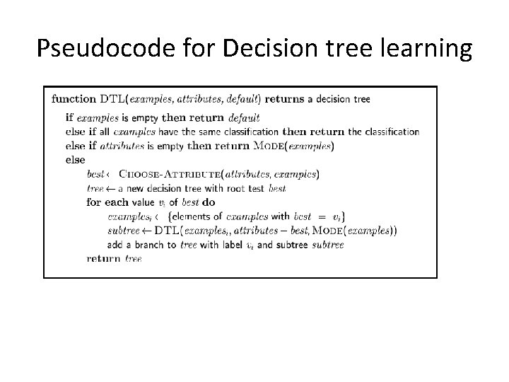 Pseudocode for Decision tree learning 