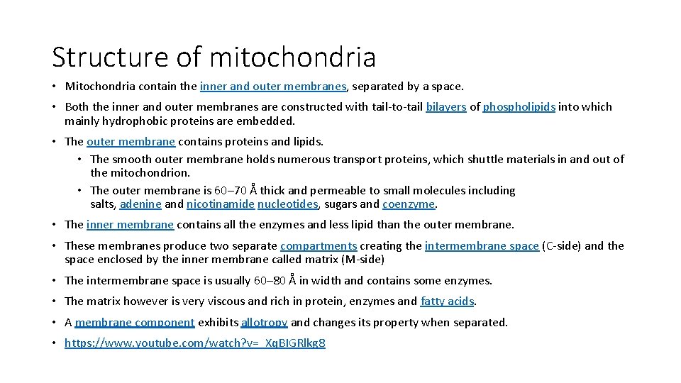 Structure of mitochondria • Mitochondria contain the inner and outer membranes, separated by a