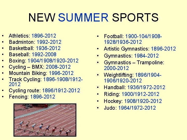 NEW SUMMER SPORTS • • Athletics: 1896 -2012 Badminton: 1992 -2012 Basketball: 1936 -2012 NEW SUMMER SPORTS • • Athletics: 1896 -2012 Badminton: 1992 -2012 Basketball: 1936 -2012