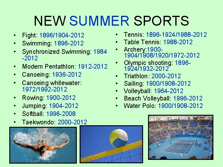 NEW SUMMER SPORTS • Fight: 1896/1904 -2012 • Swimming: 1896 -2012 • Synchronized Swimming: NEW SUMMER SPORTS • Fight: 1896/1904 -2012 • Swimming: 1896 -2012 • Synchronized Swimming: