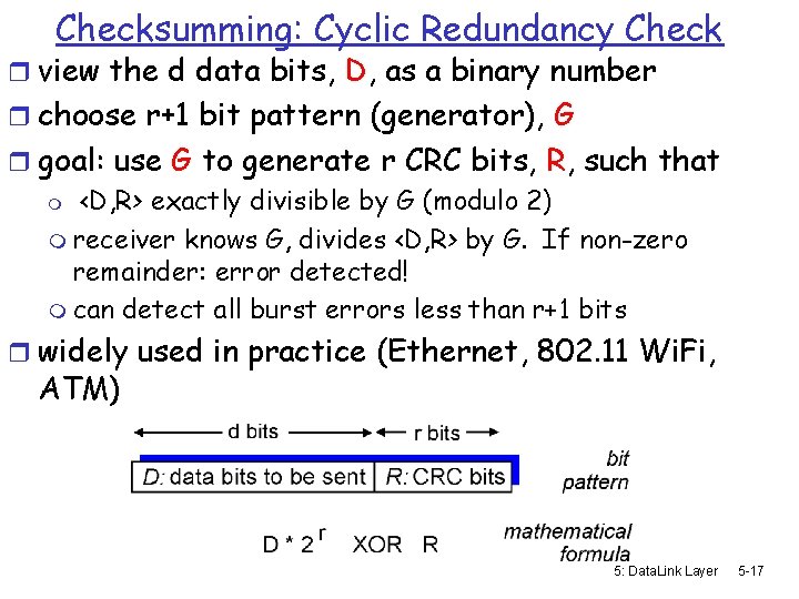 Checksumming: Cyclic Redundancy Check r view the d data bits, D, as a binary