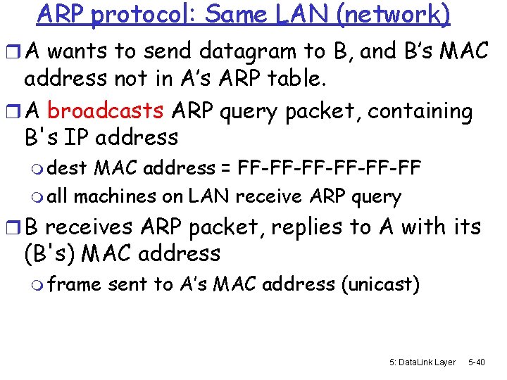 ARP protocol: Same LAN (network) r A wants to send datagram to B, and