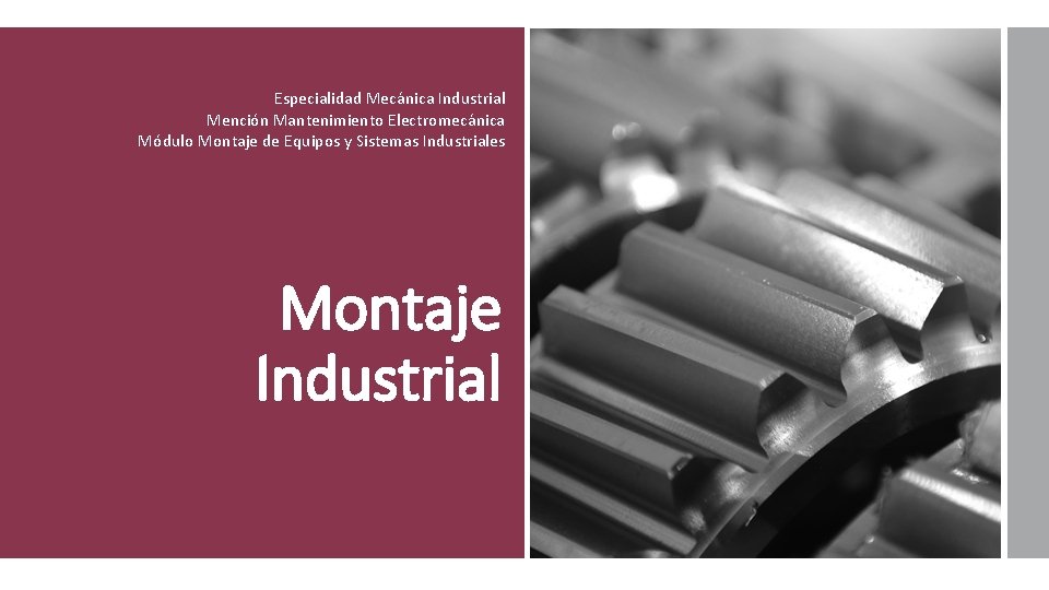 Especialidad Mecánica Industrial Mención Mantenimiento Electromecánica Módulo Montaje de Equipos y Sistemas Industriales Montaje
