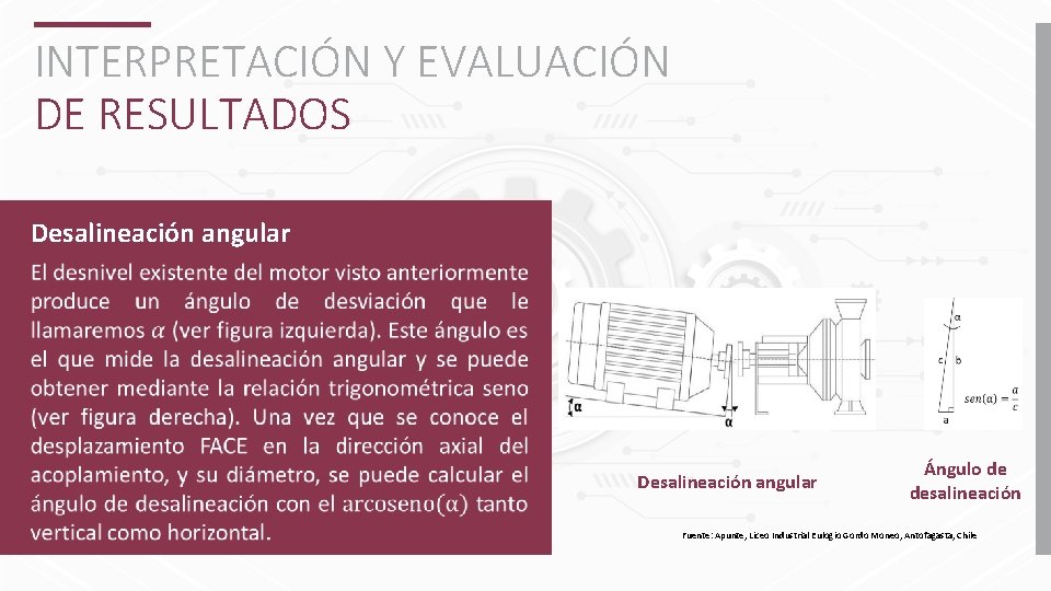 INTERPRETACIÓN Y EVALUACIÓN DE RESULTADOS Desalineación angular Ángulo de desalineación Fuente: Apunte, Liceo Industrial