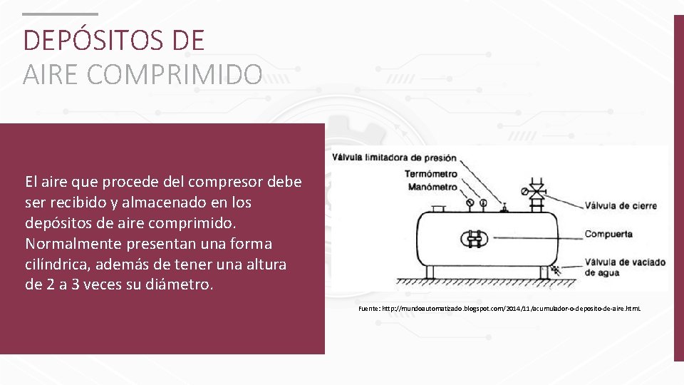 DEPÓSITOS DE AIRE COMPRIMIDO El aire que procede del compresor debe ser recibido y