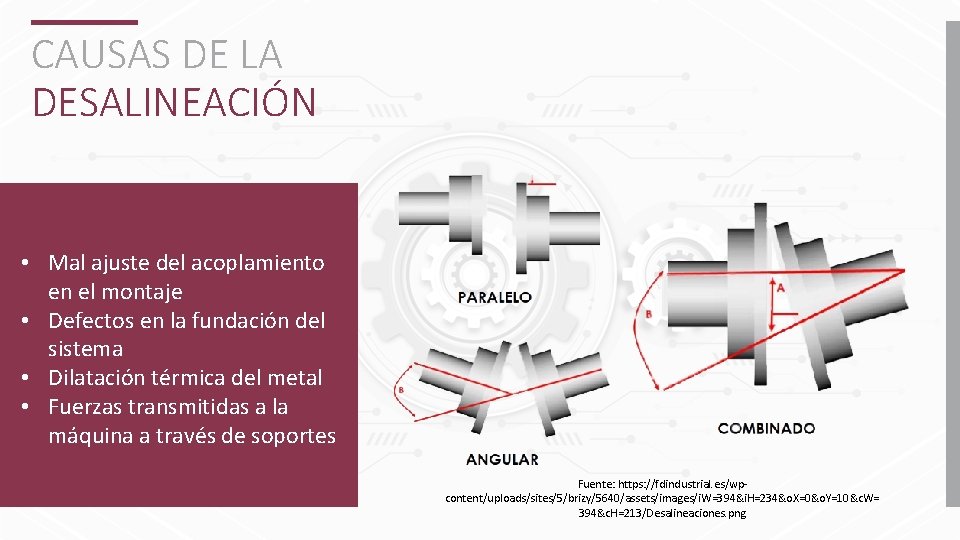 CAUSAS DE LA DESALINEACIÓN • Mal ajuste del acoplamiento en el montaje • Defectos