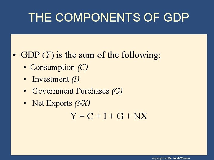 THE COMPONENTS OF GDP • GDP (Y) is the sum of the following: •