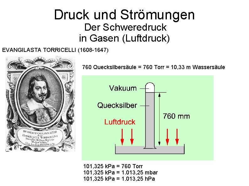 Druck und Strömungen Der Schweredruck in Gasen (Luftdruck) EVANGILASTA TORRICELLI (1608 -1647) 760 Quecksilbersäule