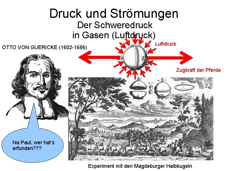 Druck und Strömungen Der Schweredruck in Gasen (Luftdruck) OTTO VON GUERICKE (1602 -1686) Luftdruck