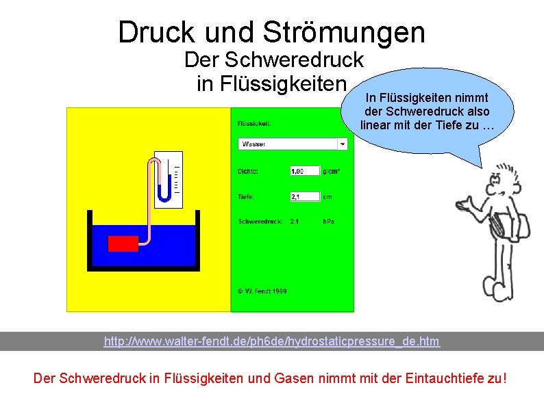 Druck und Strömungen Der Schweredruck in Flüssigkeiten In Flüssigkeiten nimmt der Schweredruck also linear