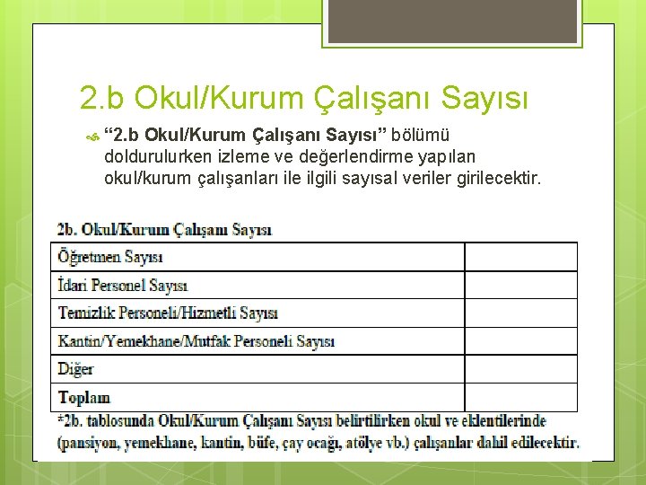 2. b Okul/Kurum Çalışanı Sayısı “ 2. b Okul/Kurum Çalışanı Sayısı” bölümü doldurulurken izleme