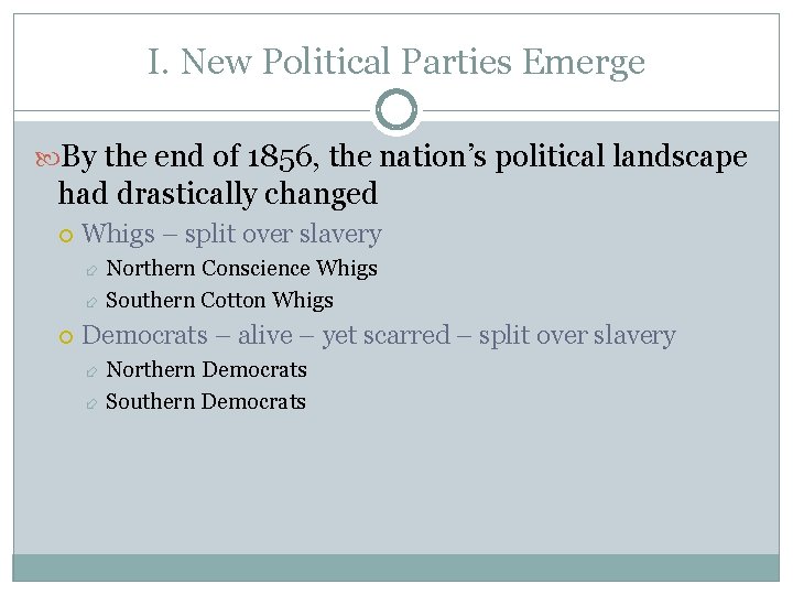 I. New Political Parties Emerge By the end of 1856, the nation’s political landscape