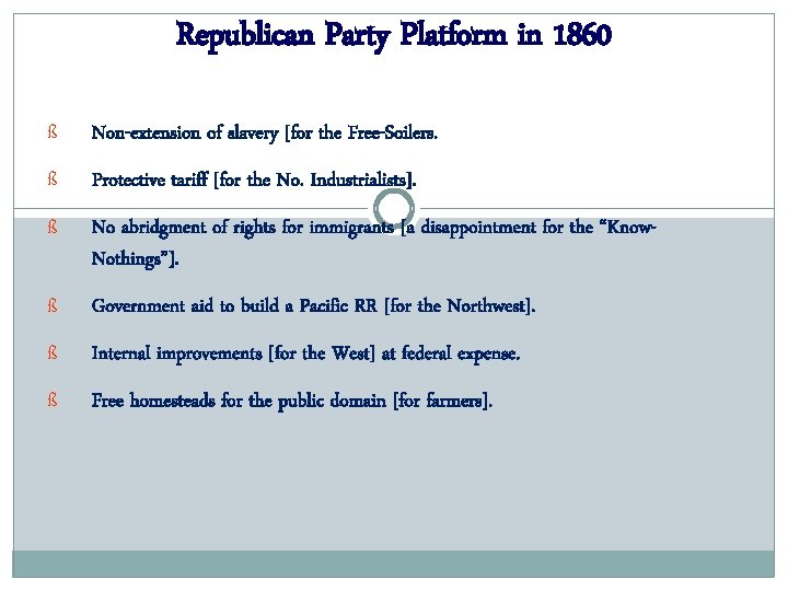 Republican Party Platform in 1860 ß Non-extension of slavery [for the Free-Soilers. ß Protective