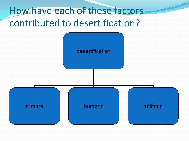 How have each of these factors contributed to desertification? desertification climate humans animals 