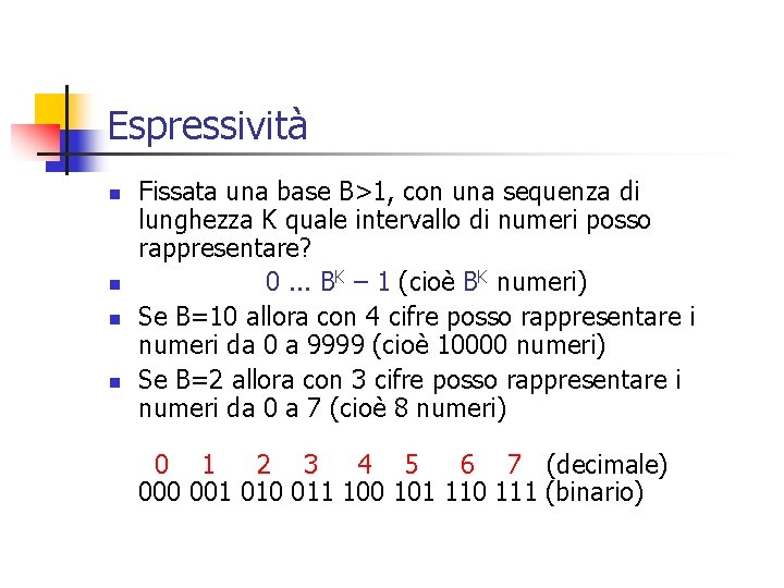 Espressività n n Fissata una base B>1, con una sequenza di lunghezza K quale