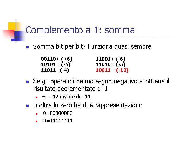 Complemento a 1: somma n Somma bit per bit? Funziona quasi sempre 00110+ (+6)