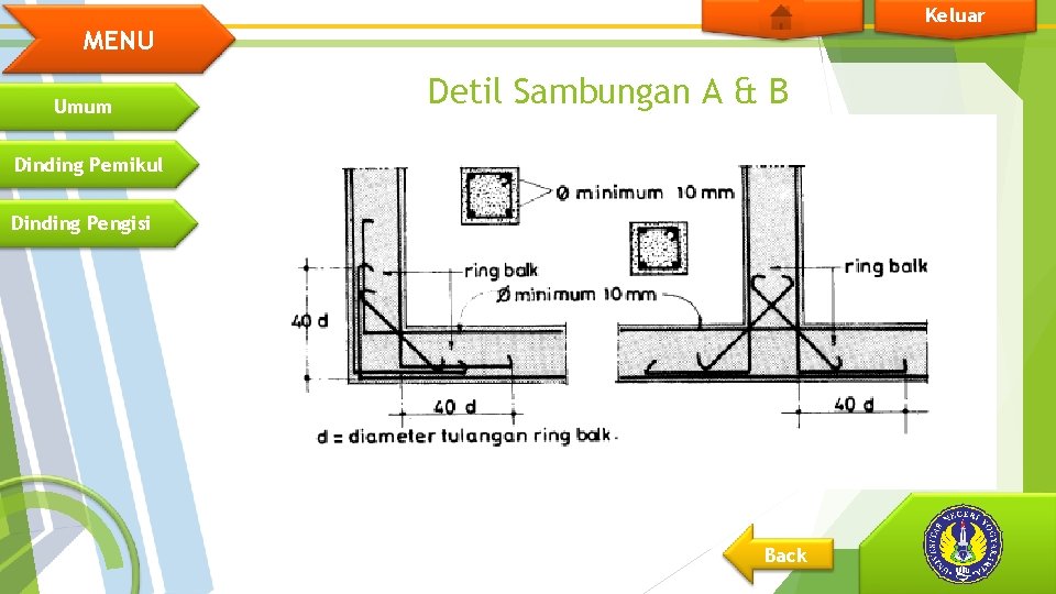 Keluar MENU Umum Detil Sambungan A & B Dinding Pemikul Dinding Pengisi Back 