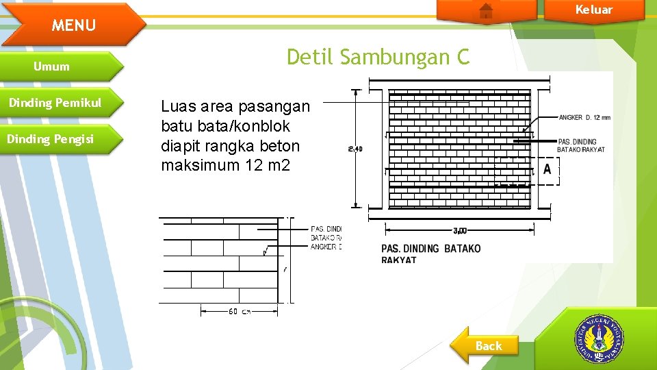 Keluar MENU Umum Dinding Pemikul Dinding Pengisi Detil Sambungan C Luas area pasangan batu