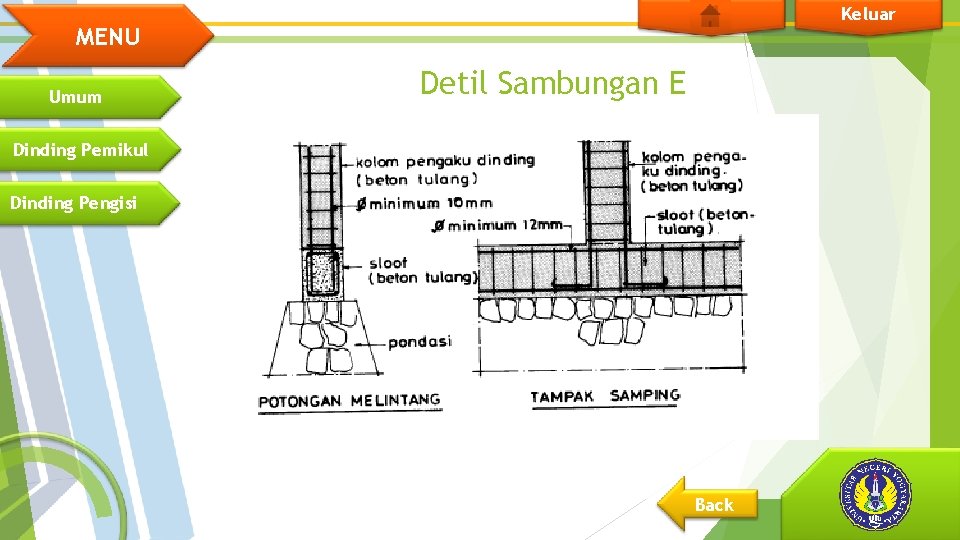 Keluar MENU Umum Detil Sambungan E Dinding Pemikul Dinding Pengisi Back 