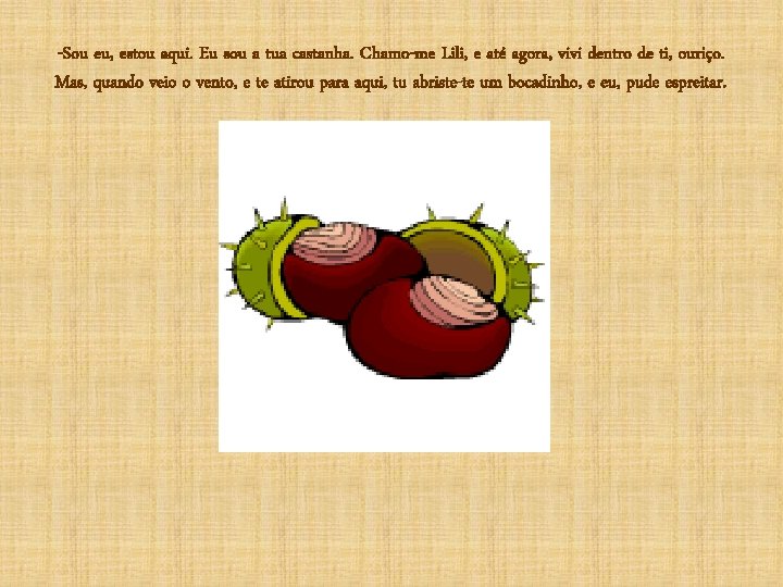-Sou eu, estou aqui. Eu sou a tua castanha. Chamo-me Lili, e até agora,