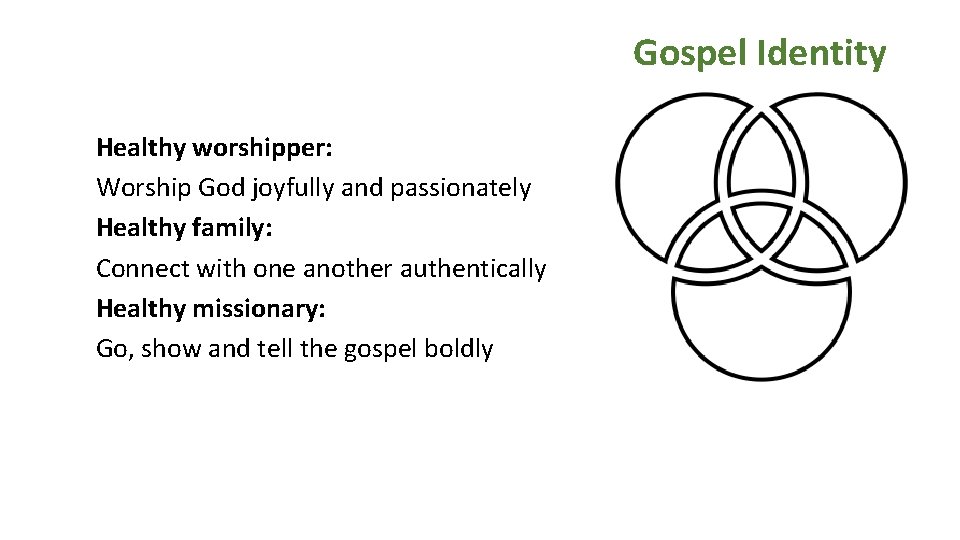 Gospel Identity Healthy worshipper: Worship God joyfully and passionately Healthy family: Connect with one