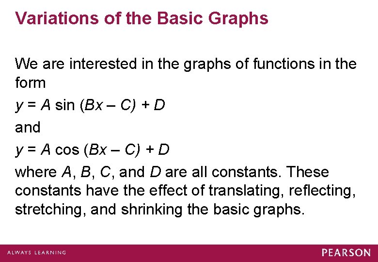 Variations of the Basic Graphs We are interested in the graphs of functions in