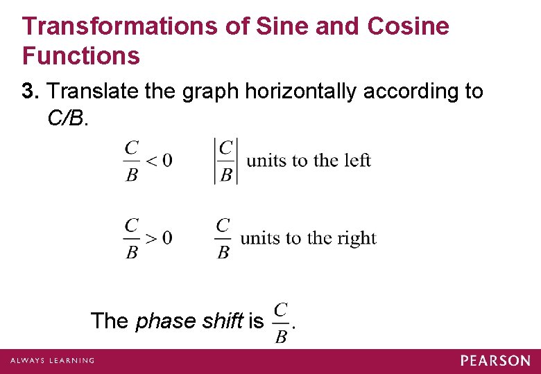 Transformations of Sine and Cosine Functions 3. Translate the graph horizontally according to C/B.