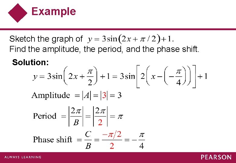 Example Sketch the graph of Find the amplitude, the period, and the phase shift.