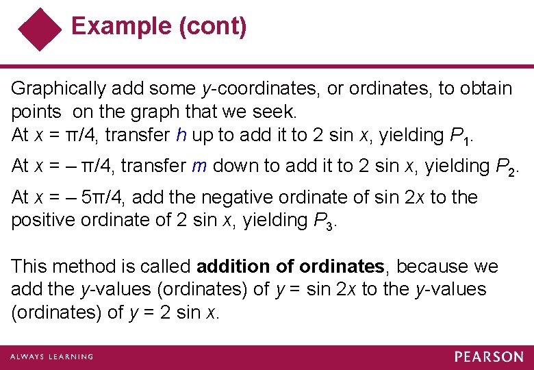 Example (cont) Graphically add some y-coordinates, or ordinates, to obtain points on the graph