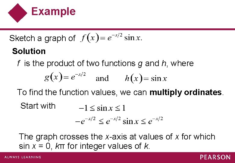 Example Sketch a graph of Solution f is the product of two functions g